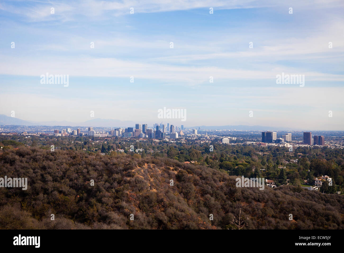 Blick auf Los Angeles vom Wanderweg im Will Rogers State Park in Santa Monica Mountains Stockfoto