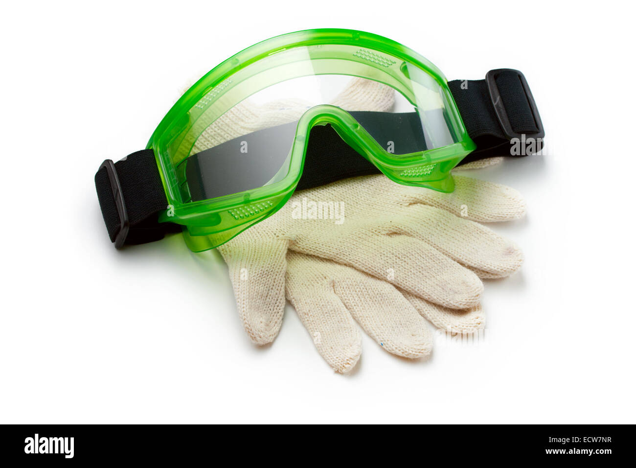Grüne Brille mit Schutzhandschuhen Stockfoto