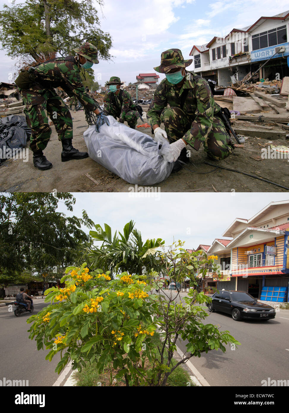 In diesem zusammengesetzten Bild ein Vergleich zwischen einer Szene im Jahr 2005 (oben) und 2014 (unten) erzielt worden *** TOP Bild *** BANDA ACEH, Indonesien - Januar 4: indonesische Armee Tasche einen Körper beim Aufräumen Bemühungen nach dem Tsunami in Banda Aceh, Indonesien-150 Meilen vom südlichen Asien Erdbeben Epizentrum auf Dienstag, 4. Januar 2005.  Banda Aceh, Indonesien.  UNTEREN Bild *** BANDA ACEH, Indonesien - 14.Dezember: Fahrzeuge fahren auf Banda Aceh-Medan-Straße vor dem zehnjährigen Jahrestag der 2004 Erdbeben und Tsunami am 14. Dezember 2014 in Banda Aceh, Indonesien. Aceh wurde die schlimmsten hit loc Stockfoto