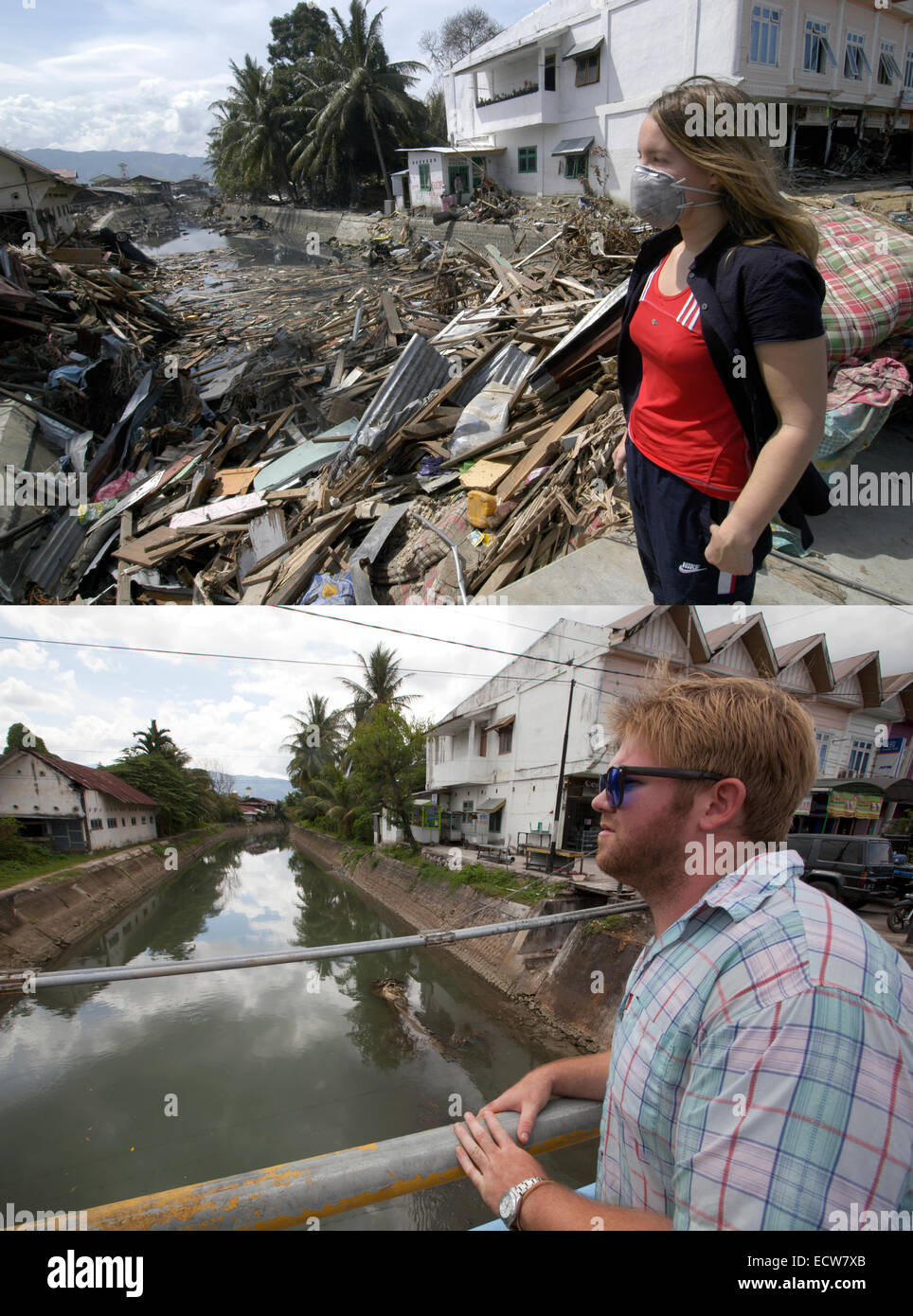 In diesem zusammengesetzten Bild ein Vergleich zwischen einer Szene im Jahr 2005 (oben) und 2014 (unten) erzielt worden *** TOP Bild *** BANDA ACEH, Indonesien - Januar 5: eine Frau schaut auf die Trümmer in einem Kanal nach dem Tsunami in Banda Aceh, Indonesien-150 Meilen vom südlichen Asien Erdbeben Epizentrum auf Mittwoch, 5. Januar 2005.  Banda Aceh, Indonesien.  UNTEREN Bild *** BANDA ACEH, Indonesien - 15 Dezember: Brad Adams sieht in einen Kanal vor dem zehnjährigen Jubiläum des 2004 Erdbeben und Tsunami am 15. Dezember 2014 in Banda Aceh, Indonesien. Aceh war die schlimmsten hit Lage wird die schließt Stockfoto