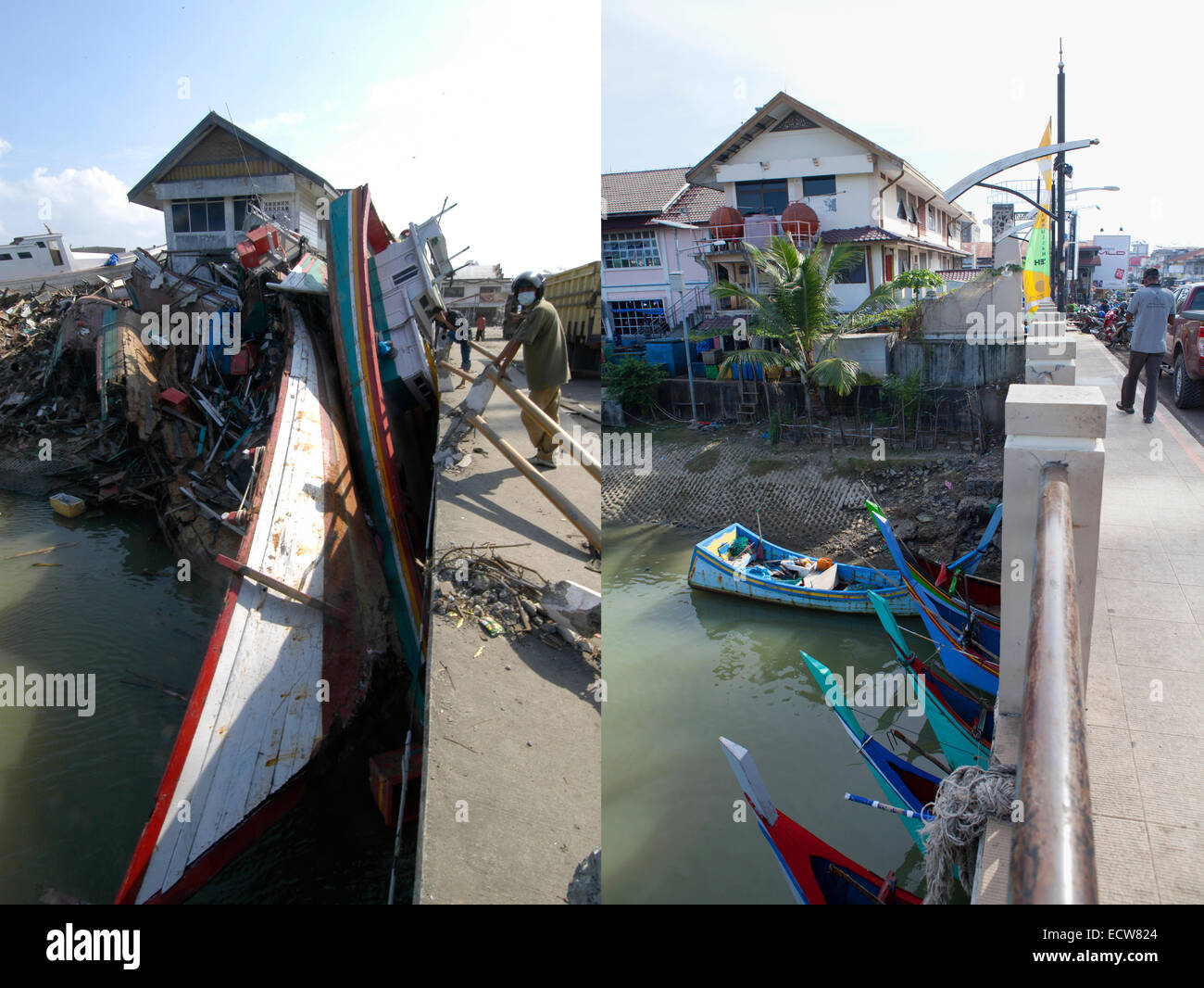 In diesem zusammengesetzten Bild ein Vergleich zwischen einer Szene im Jahr 2005 (links) und 2014 (rechts) erzielt worden *** links Bild *** BANDA ACEH, Indonesien - 6. Januar: eine Szene der Verwüstung am Fluss Sungai Krueng Aceh nach dem Tsunami in Banda Aceh, Indonesien-150 Meilen vom südlichen Asien Erdbeben Epizentrum auf Donnerstag, 6. Januar 2005.  Banda Aceh, Indonesien.  RECHTEN Bild *** BANDA ACEH, Indonesien - Dezember 13: Eine Szene von einer Brücke über den Fluss Sungai Krueng Aceh vor dem zehnjährigen Jahrestag der 2004 Erdbeben und Tsunami am 13. Dezember 2014 in Banda Aceh, Indonesien. Aceh wa Stockfoto