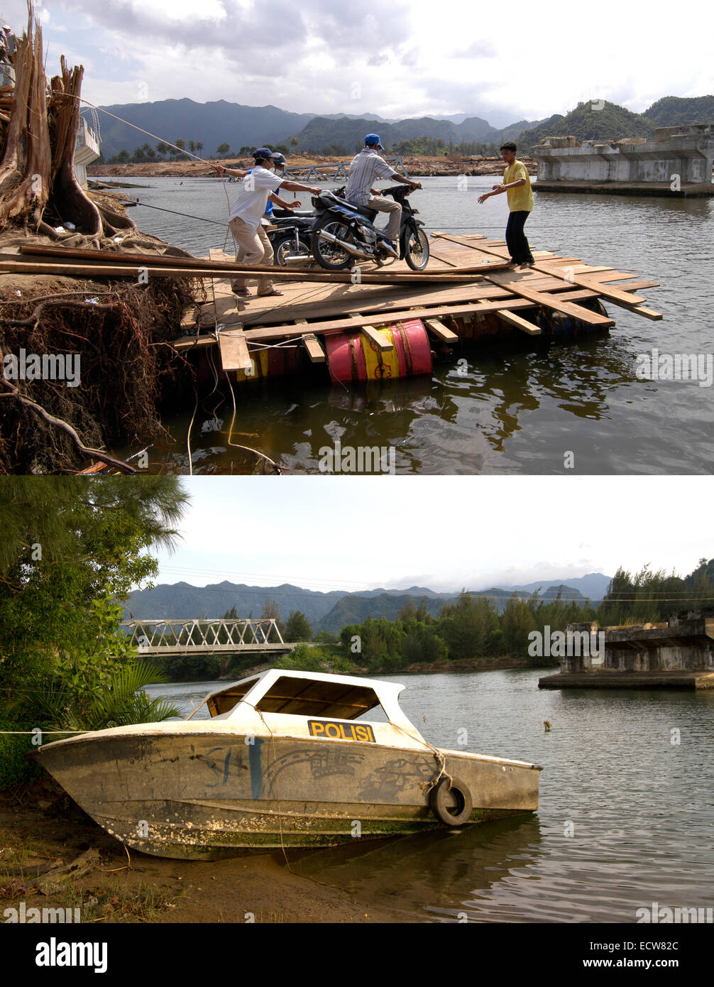 In diesem zusammengesetzten Bild ein Vergleich zwischen einer Szene im Jahr 2005 (oben) und 2014 (unten) erzielt worden *** TOP Bild *** LHOK NGA, ACEH, Indonesien - Januar 8: Männer laden Motorräder auf einem Floß über einen Fluss zu bekommen, nach die Brücke in Lhok Nga, Indonesien-150 Meilen vom südlichen Asien Erdbeben Epizentrum auf Samstag, 8. Januar 2005 weggespült wurde.  Banda Aceh, Indonesien.  UNTEREN Bild *** LHOK NGA, ACEH, Indonesien - Dezember 12: Eine verlassene Polizeiboot ruht vor einer neuen Brücke vor dem zehnjährigen Jubiläum der 2004 Erdbeben und Tsunami am 12. Dezember 2014 in Aussehen Nga, Ace Stockfoto