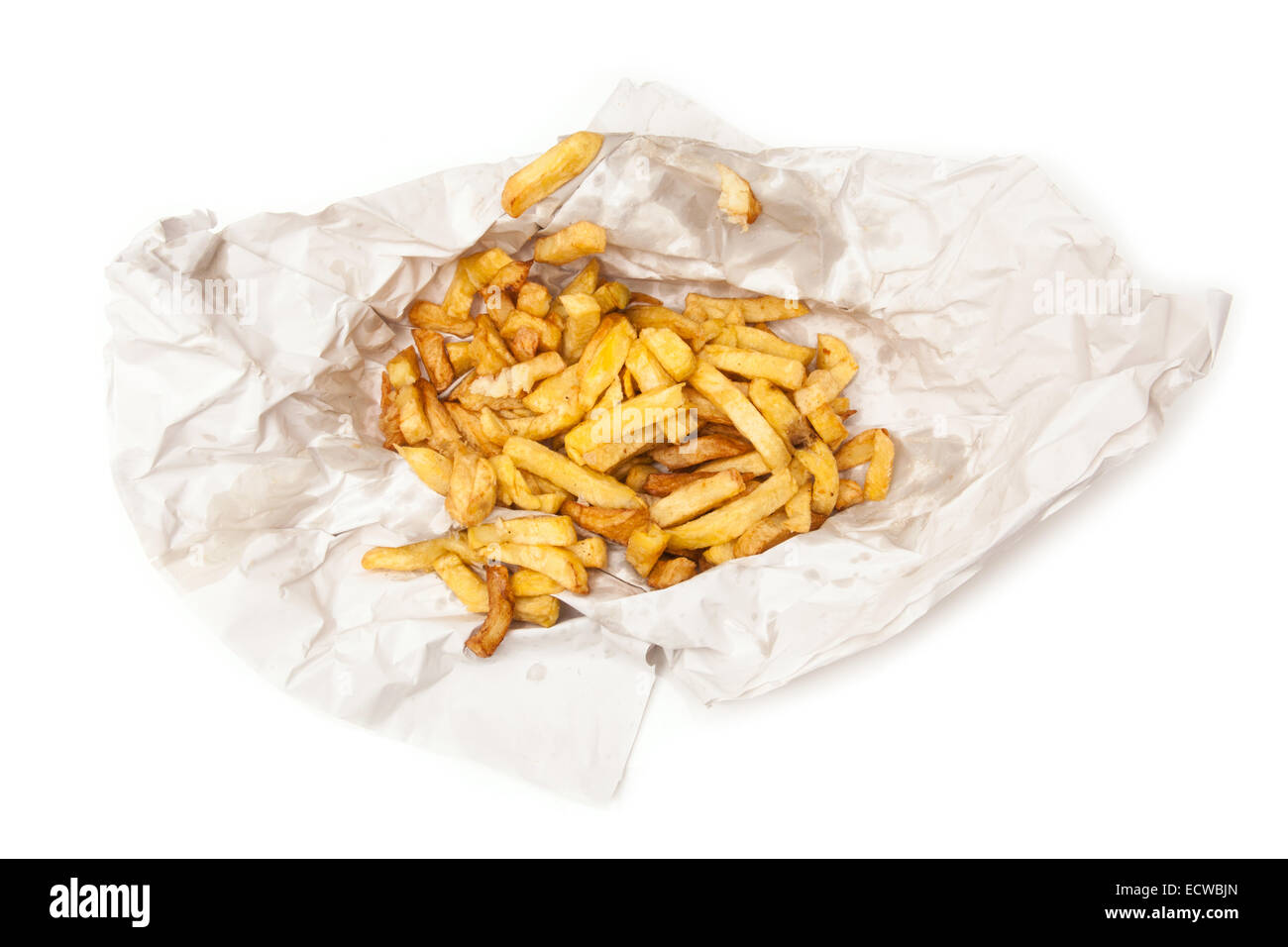 Große Portion Chips aus dem Fish &amp; Chips-Shop. Stockfoto