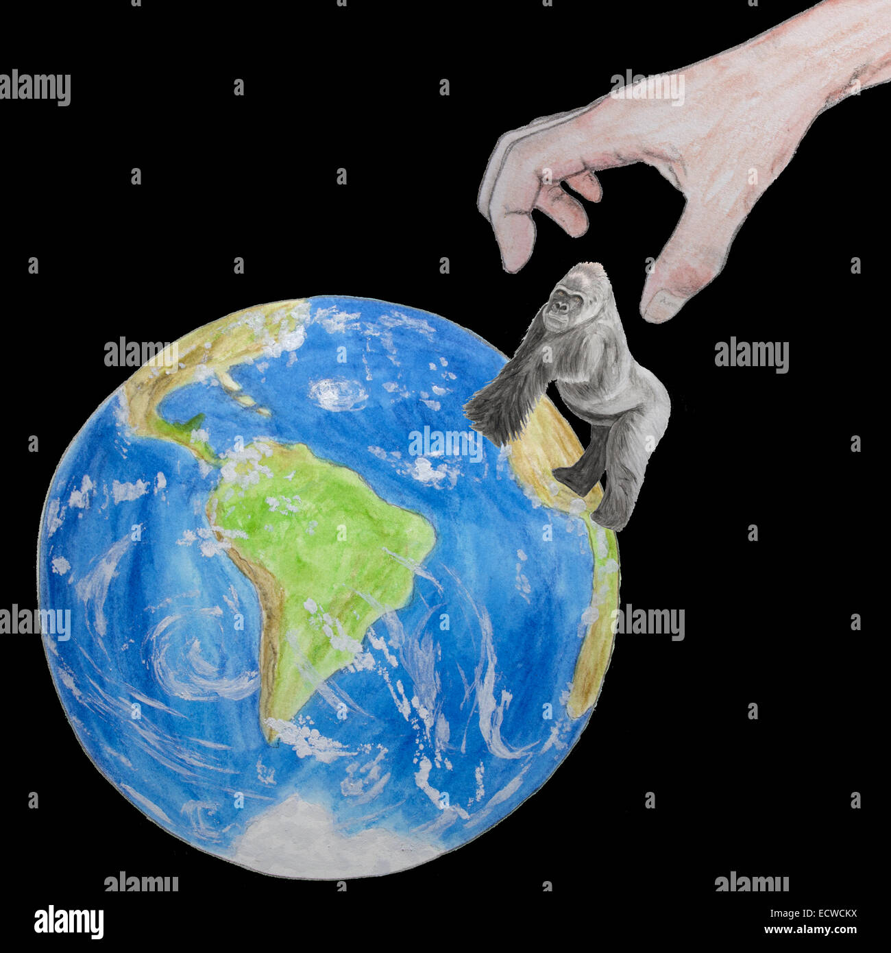 Menschliche Hand grabbing Gorilla von Erde - schwarze Rückseite Stockfoto