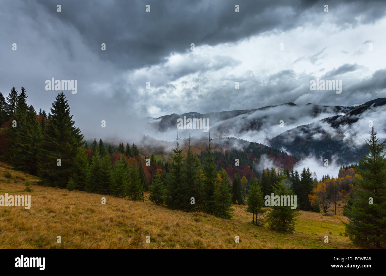 die globale Erwärmung. Berglandschaft. Wolken und Nebel. Stockfoto