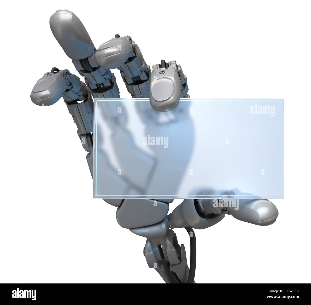 Hand des Roboters und Visitenkarte. Stockfoto