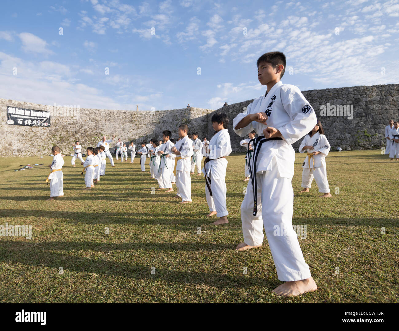 100 Kata Karate-Tag 2014 an Zakimi Burg Weltkulturerbe, Okinawa, Japan Stockfoto