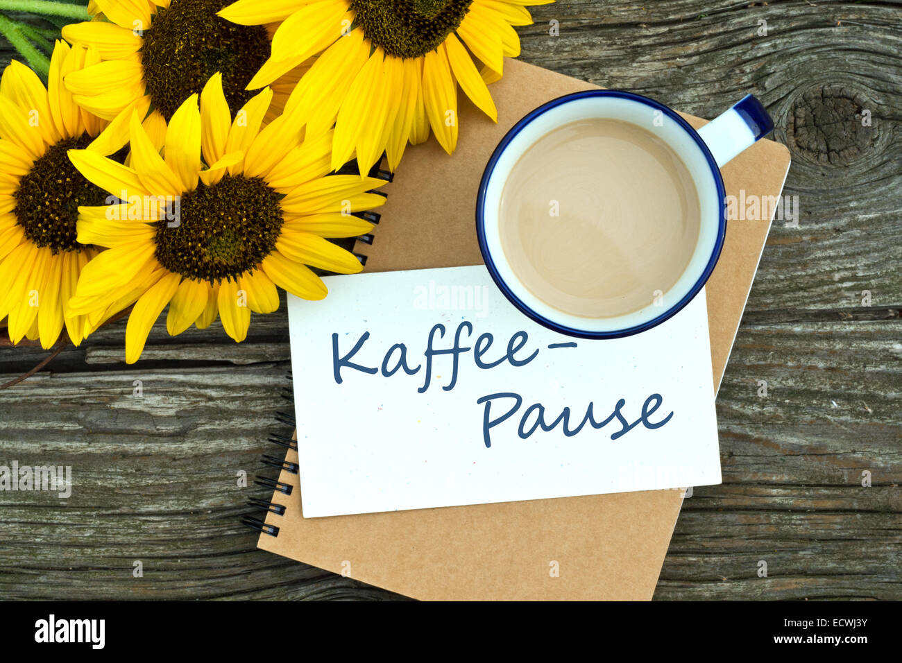 Sonnenblumen- und Kaffeebecher Stockfoto