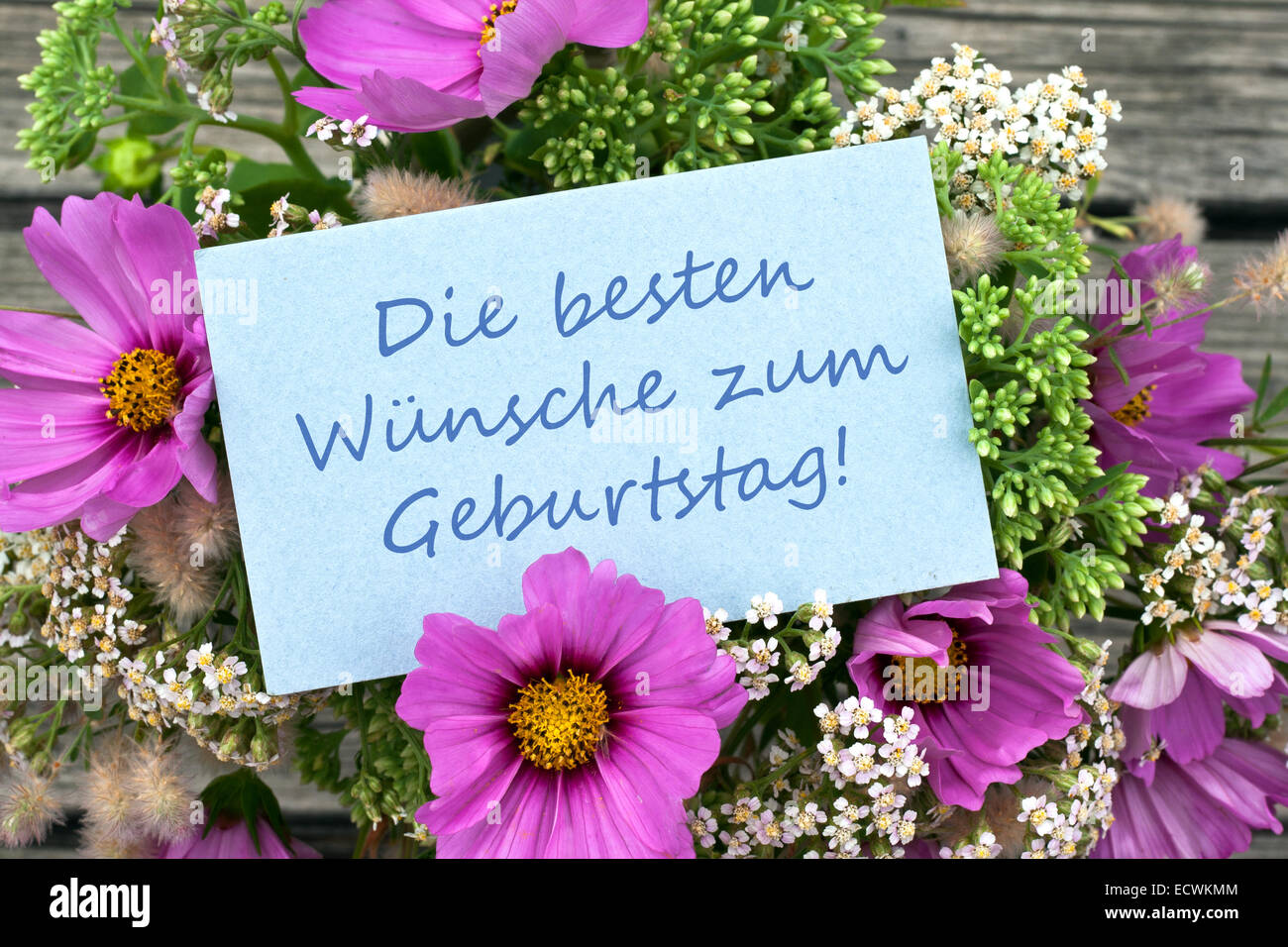 Deutsche Grußkarte mit pinkfarbenen Sommerblumen und Text: Happy Birthday Stockfoto