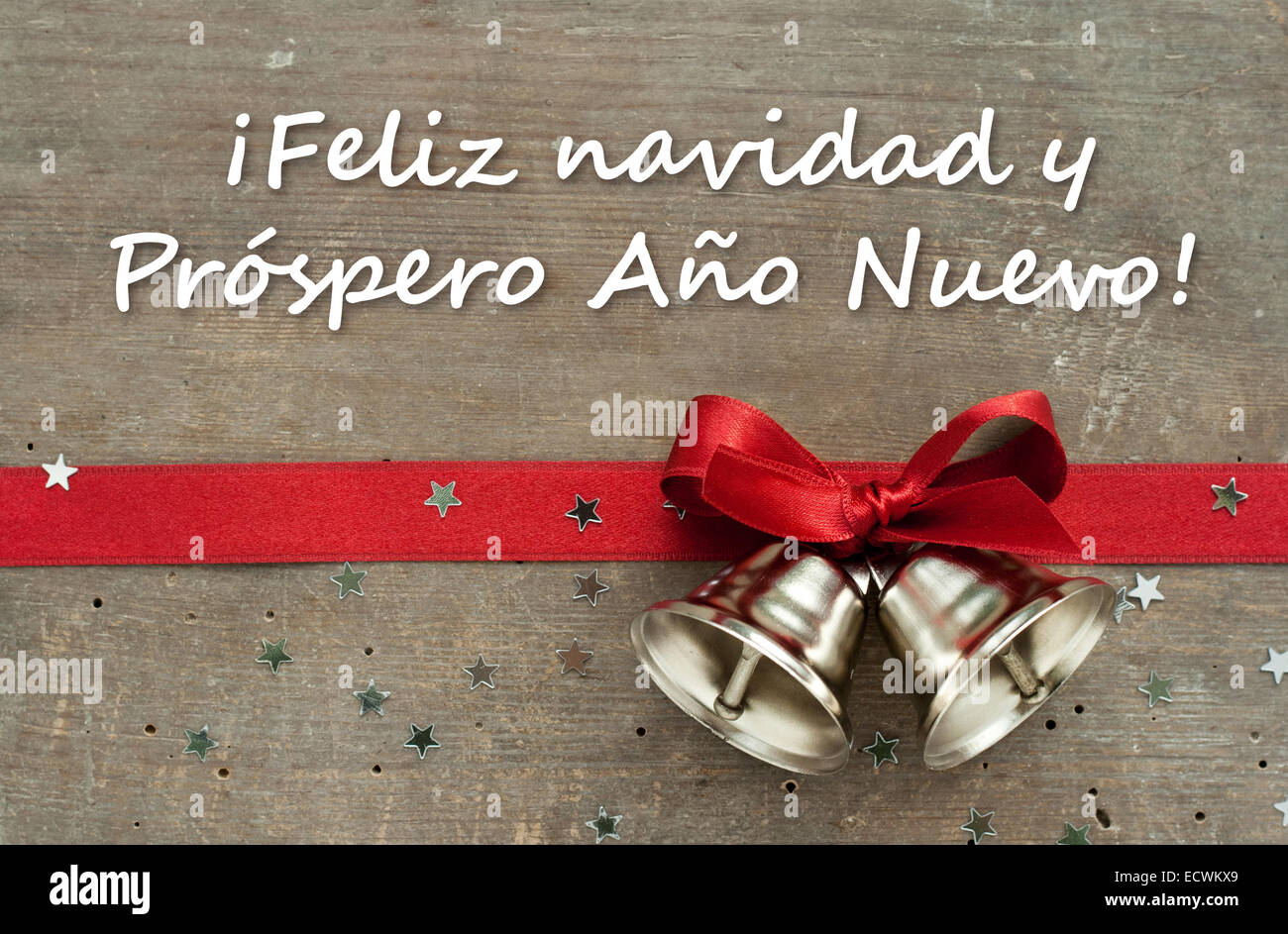 spanische Weihnachtskarte mit Bogen und Glocken Stockfoto