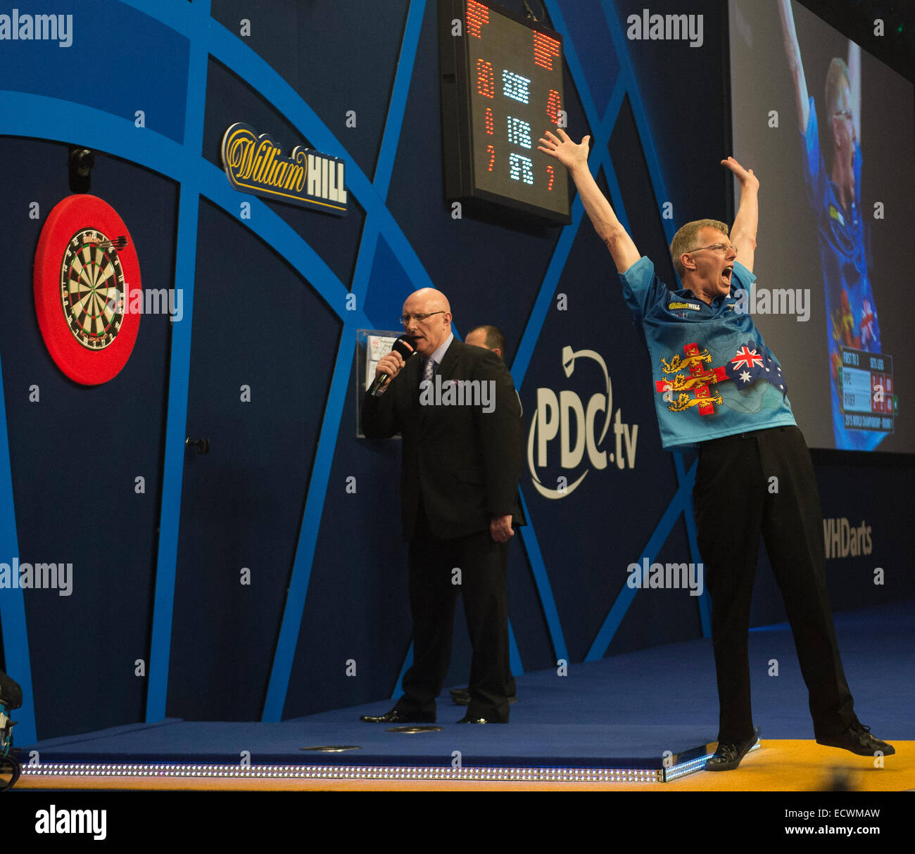 London, UK. 20. Dezember 2014. William Hill PDC World Darts Championship. Lawrence Ryder [AUS] feiert seinen Sieg über Justin Pipe (17) [ENG]. Bildnachweis: Aktion Plus Sport/Alamy Live-Nachrichten Stockfoto