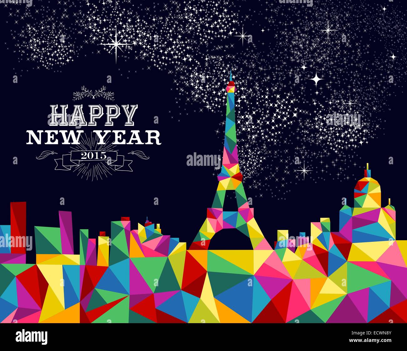 Prosit Neujahr Grußkarte oder Poster-Design mit bunten Dreieck Paris Skyline und Vintage Label Abbildung. EPS10 Vektor Stockfoto