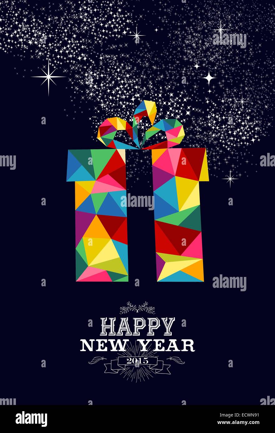 Frohes neues Jahr 2015 Grußkarte oder Poster-Design mit bunten Geschenk Dreiecksform und Vintage Label Illustration. EPS10 vecto Stockfoto