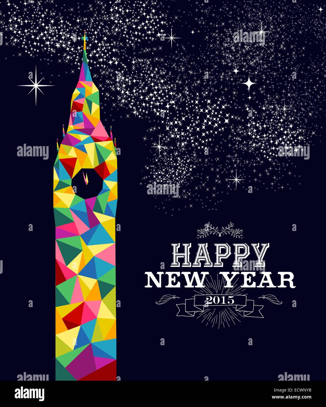 Prosit Neujahr Grußkarte oder Poster-Design mit bunten Dreieck England Denkmal und Vintage Label Illustration. EPS10 vect Stockfoto