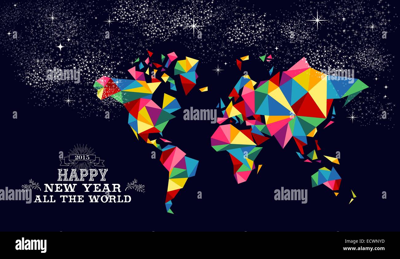 Frohes neues Jahr 2015 Grußkarte oder Poster-Design mit bunten Dreieck Weltkarte und Vintage Label Illustration. EPS10 Vektor Stockfoto