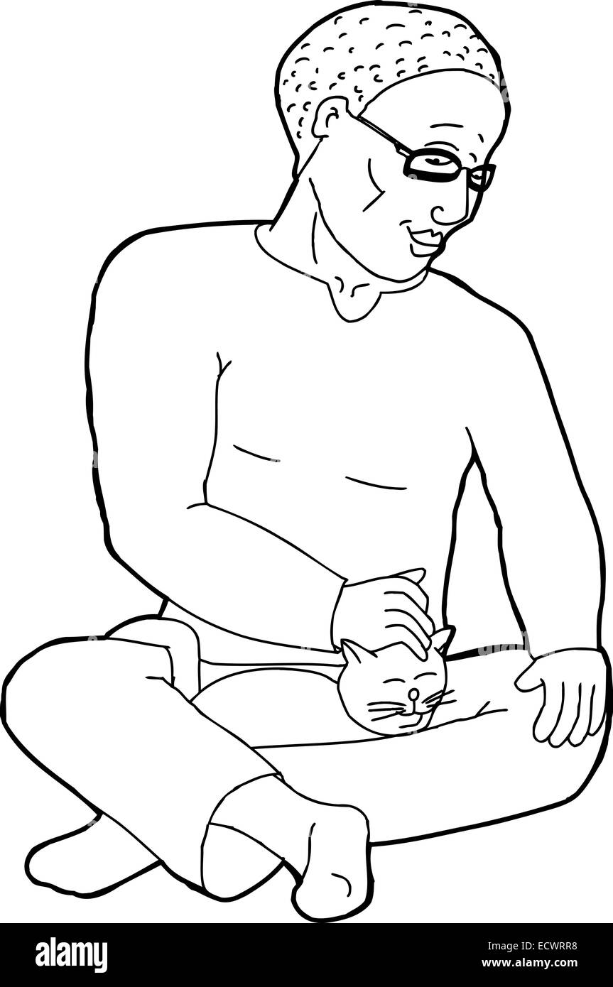 Karikatur von gut aussehender Mann mit Katze in seinem Schoß zu skizzieren Stockfoto