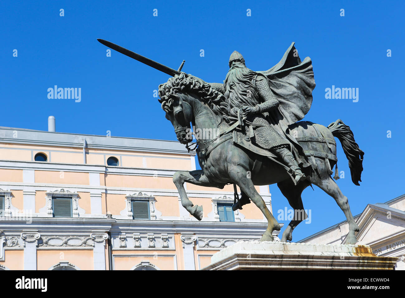 Berühmte Reiterstatue von El Cid in Burgos, Kastilien, Spanien. Stockfoto