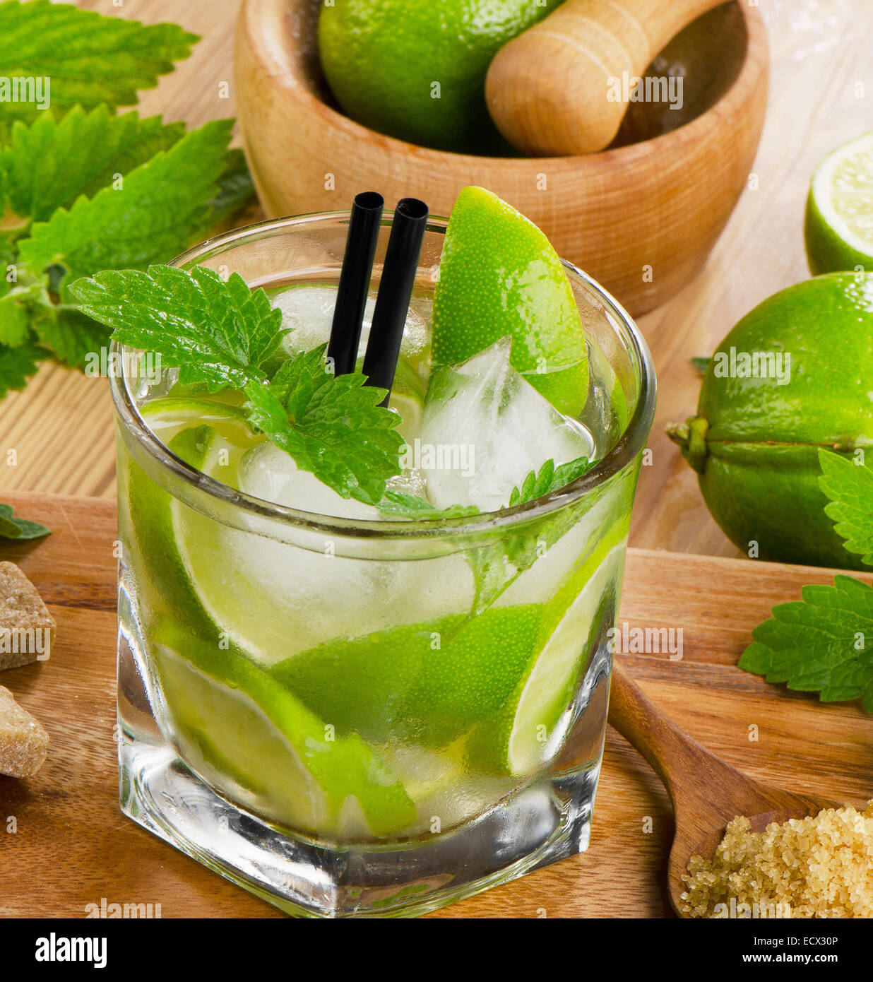 Mojito cocktail und frischen Zutaten. Selektiven Fokus Stockfoto