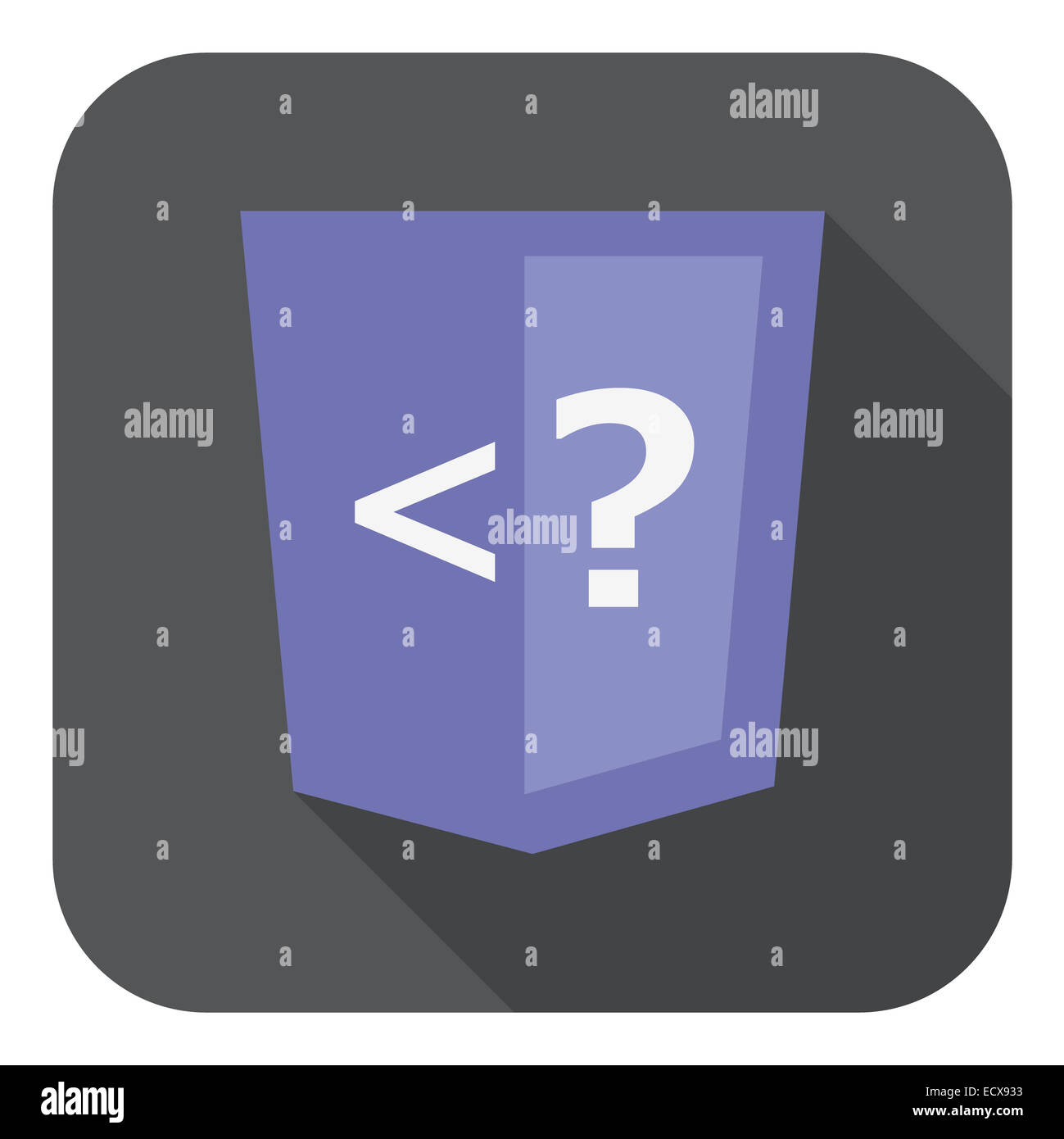 Illustration der violette Schild mit Php Programmierung Sprache Fragezeichen, isolierte Website-Entwicklung-Symbol auf weißen Zeitmessung Stockfoto
