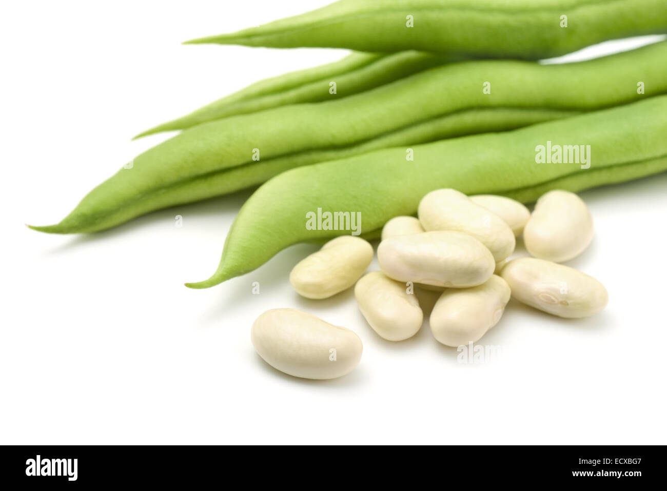 Frische Gartenbohnen auf weißem Hintergrund Stockfoto