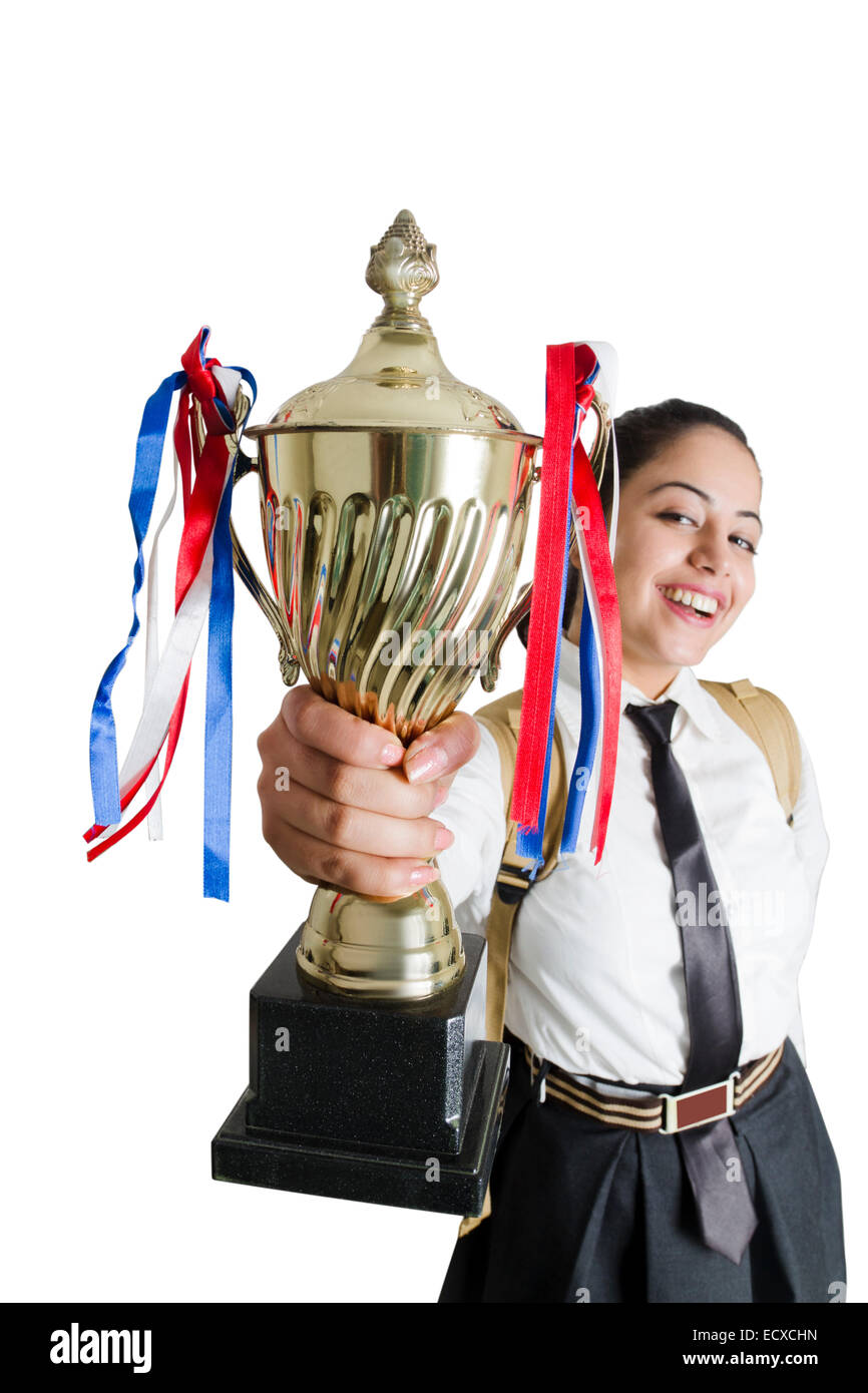 1 indische Mädchen Schüler Sieg-Trophäe Stockfoto