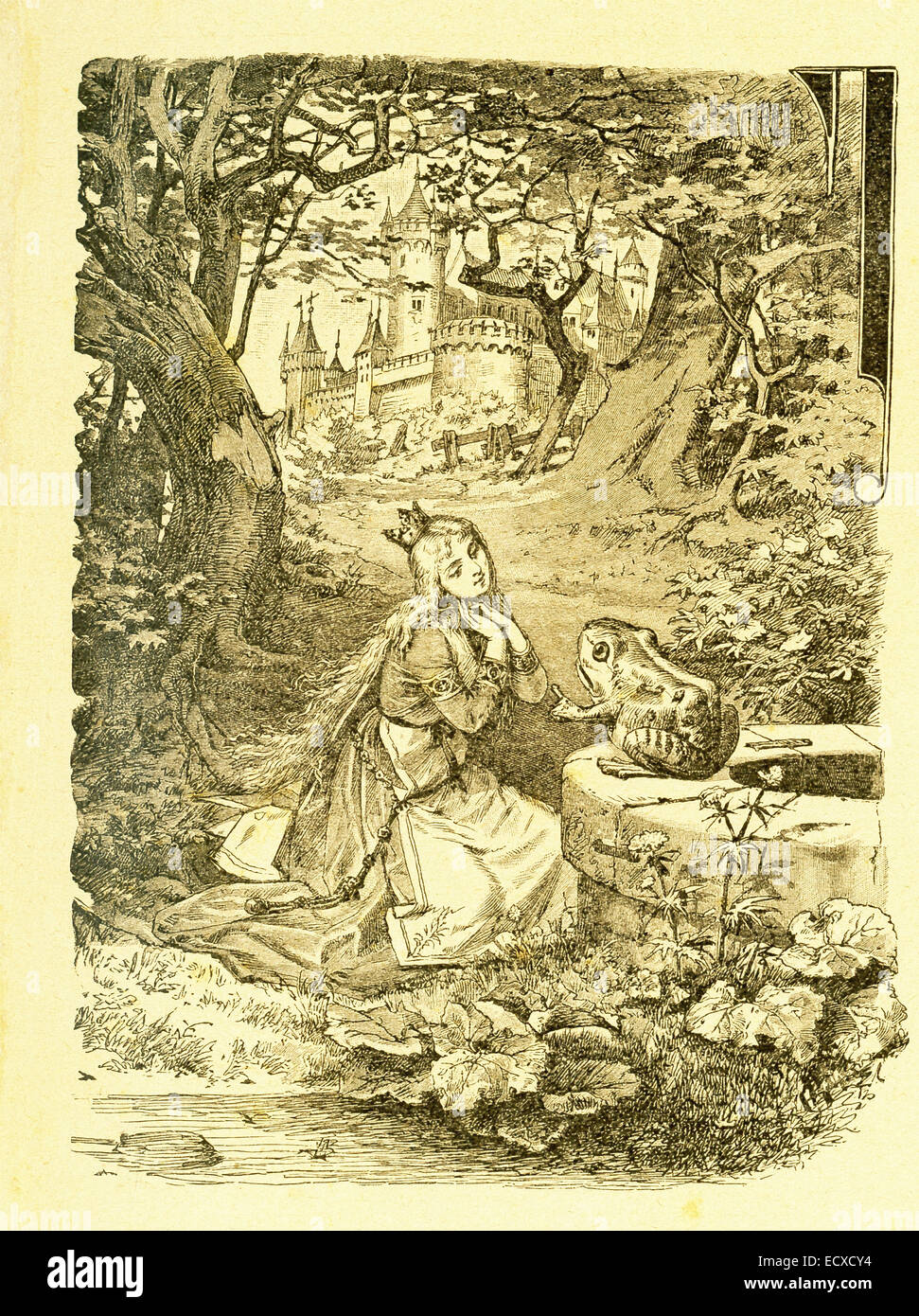 Im Jahre 1812 veröffentlicht Gebrüder Grimm, Jacob und Wilhelm, Kinder- und Hausmärchen, eine Sammlung Deutsche Märchen. Diese Illustration begleitet die Geschichte von "The Princess and the Frog" und zeigt die Prinzessin im Gespräch mit dem Frosch außerhalb auf dem Schlossgelände. In der Erzählung eine verwöhnte Prinzessin freundet sich mit einem Frosch und der Frosch dann später verwandelt sich in einen Prinzen. Dieses Bild ist aus Grimms Eventyr (Grimms Märchen) von Carl Ewald, im Jahr 1922 veröffentlicht. Das Titelbild hat die Illustrationen von Philip Grot Johann und R. Leinweber. Stockfoto