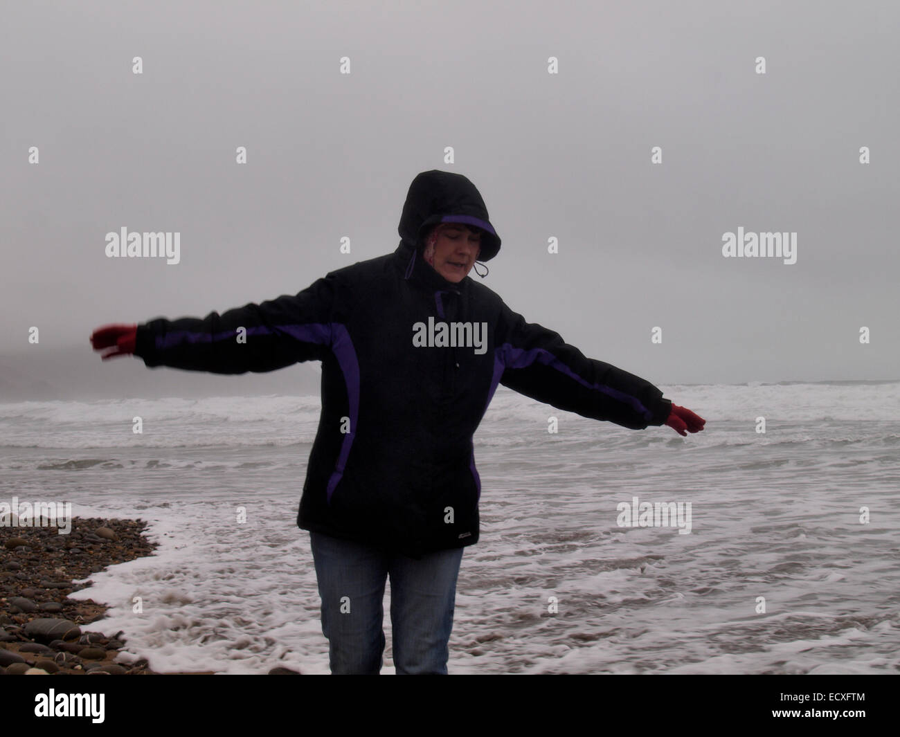 Frau balancieren auf Kieselsteinen zu meiden das Wasser am Strand auf eines grauen, nebligen Winters Tag, Widemouth Bay, Cornwall, UK Stockfoto