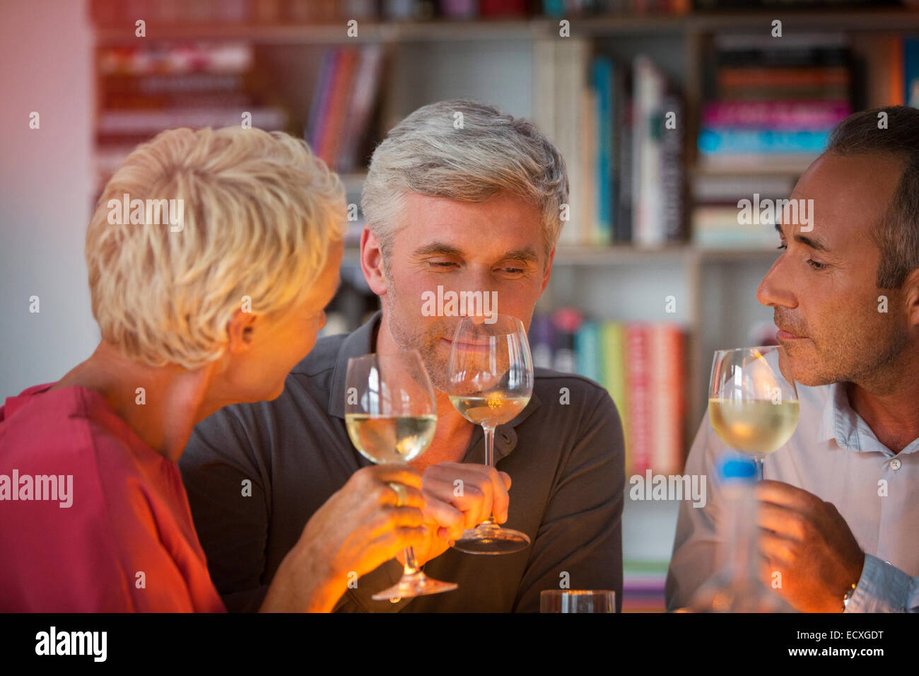 Ältere Freunde Verkostung Weißwein Stockfoto