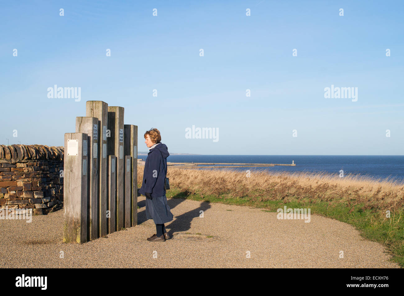 Frau liest Aushang an der Nase Punkt Seaham, County Durham, England, UK Stockfoto