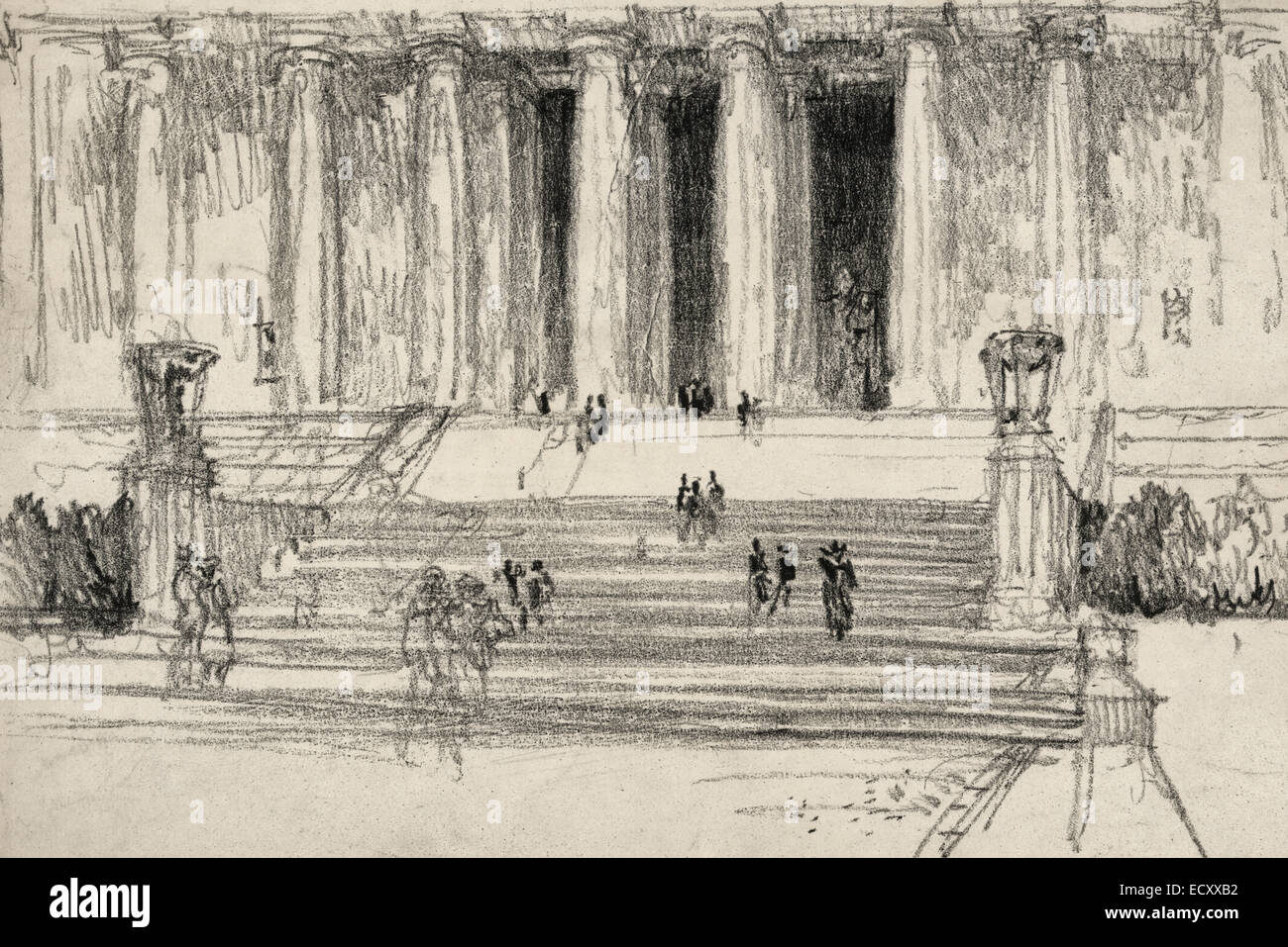 Schritte zum Lincoln Memorial - Washington, DC. Detailansicht der Figuren auf Stufen zum Lincoln Memorial, Statue von Lincoln sichtbar zwischen korinthischen Säulen hinaus ca. 1922 Stockfoto