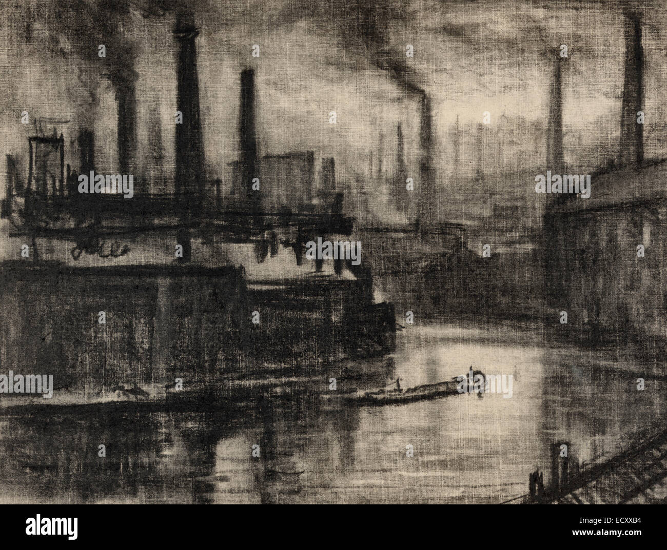 East London, England.  Blick über gebogene Fluss durchquert Fabrik Bezirk, allein im kleinen Boot, Vordergrund, Schornsteine Aufstoßen schwarzen Rauch über und in Ferne, ca. 1908 Stockfoto