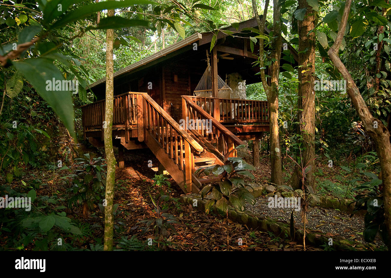 El Pino, Atlaneida, Honduras. 4. Mai 2013. 01.05.2014 la Ceiba, Honduras. Ein Ferienhaus in der Lodge am Pico Bonito befindet sich am Rande des Pico Bonita nationaler Parcque, eines der größten und am weitesten entfernten Parks in Honduras. Die bergige Regenwald ist Heimat von mehr als 400 Vogelarten im Laufe des Jahres. Gelegen in der Nähe von der Karibikküste und am Fuße des größten Berges Länder, ist es eine Winter-Destination für viele nordamerikanische Zugvogelarten. © Ralph Lauer/ZUMA Draht/Alamy Live-Nachrichten Stockfoto