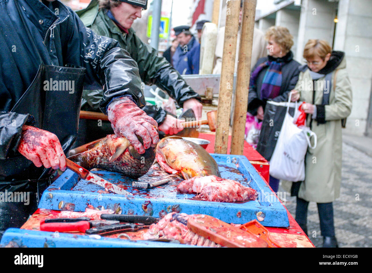 Der Verkauf von Weihnachten Karpfen auf der Straße gehört zu den tschechischen Tradition, Prag Tschechische Republik Stockfoto