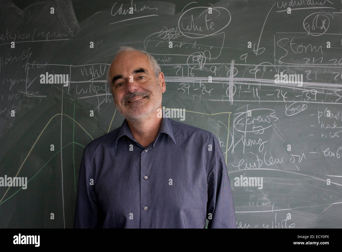 Porträt der Mathematiker und Risiko-Guru, Professor Sir David Spiegelhalter mit Blackboard Funktionsweise der Wahrscheinlichkeit (Beschreibung) Stockfoto
