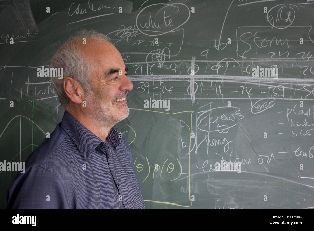 Porträt der Mathematiker und Risiko-Guru, Professor Sir David Spiegelhalter mit Blackboard Funktionsweise der Wahrscheinlichkeit (Beschreibung) Stockfoto