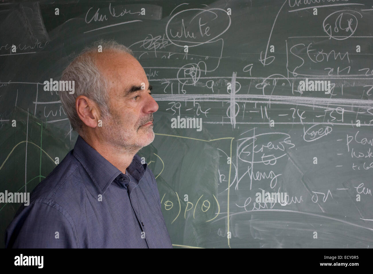 Porträt der Mathematiker und Risiko-Guru, Professor Sir David Spiegelhalter mit Blackboard Funktionsweise der Wahrscheinlichkeit (Beschreibung) Stockfoto