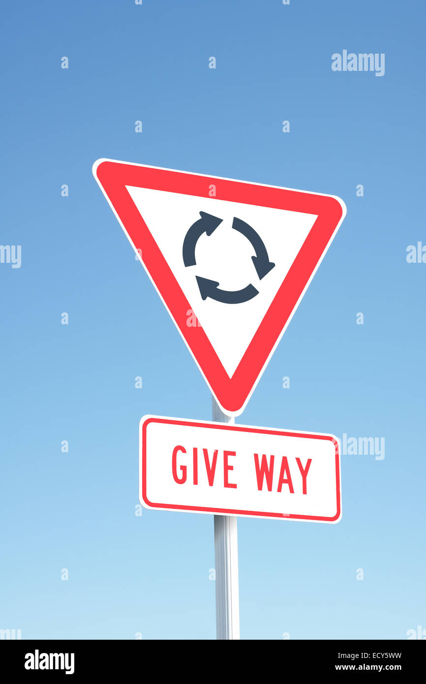 Traffic-Schild vor einen Kreisverkehr - verwendet in Neuseeland und Australien Stockfoto