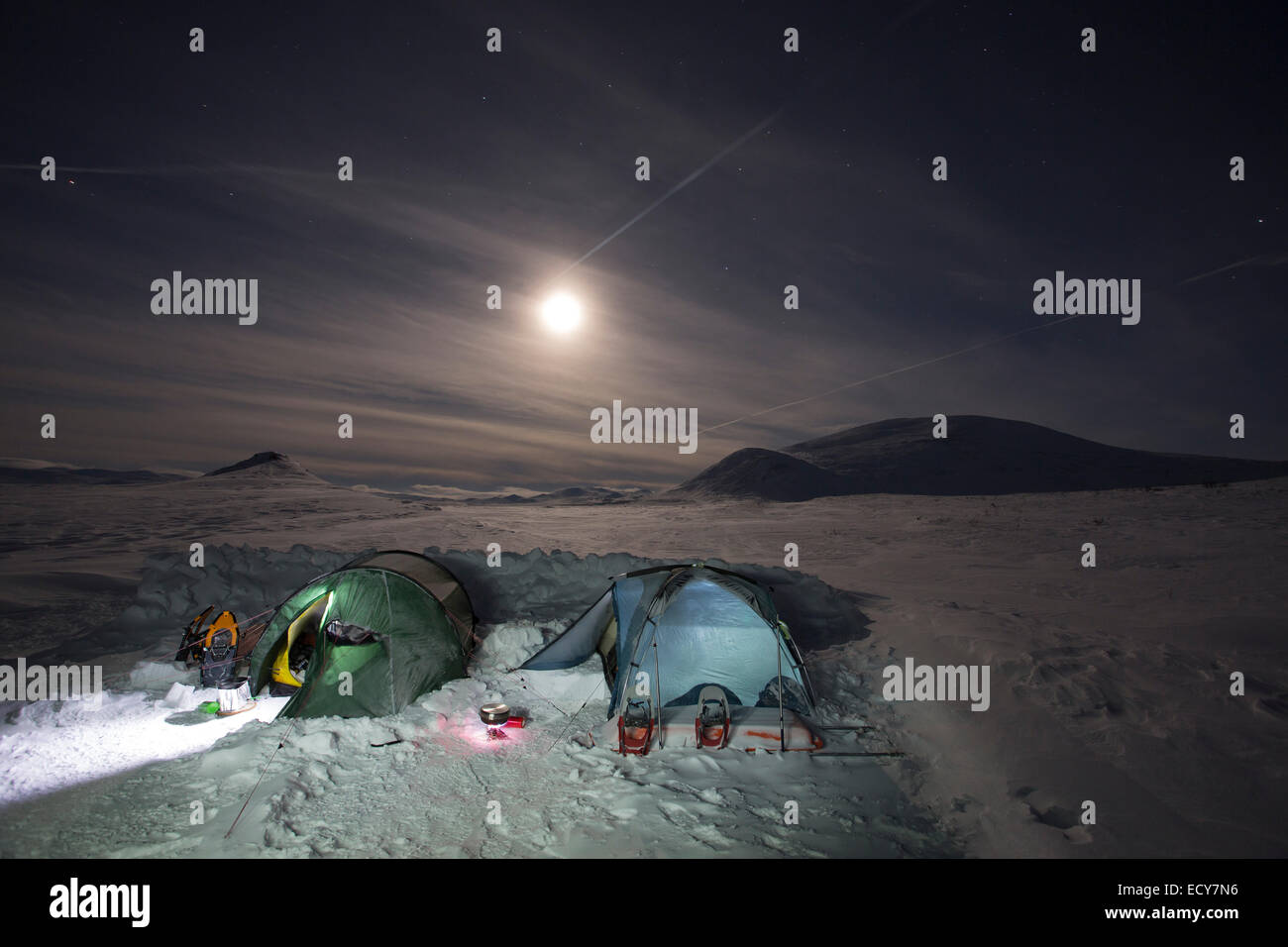 Übernachtung, camping in Zelten, im Winter, Dovrefjell-Sunndalsfjella-Nationalpark, Norwegen Stockfoto