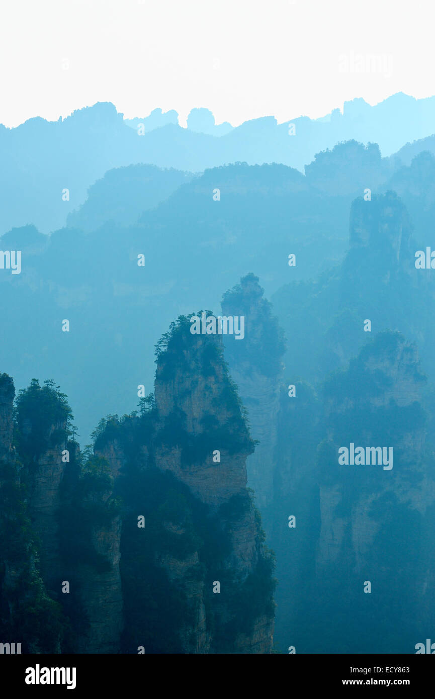 Silhouette von 'Avatar' Berge, Nationalpark Zhangjiajie, Provinz Hunan, China Stockfoto