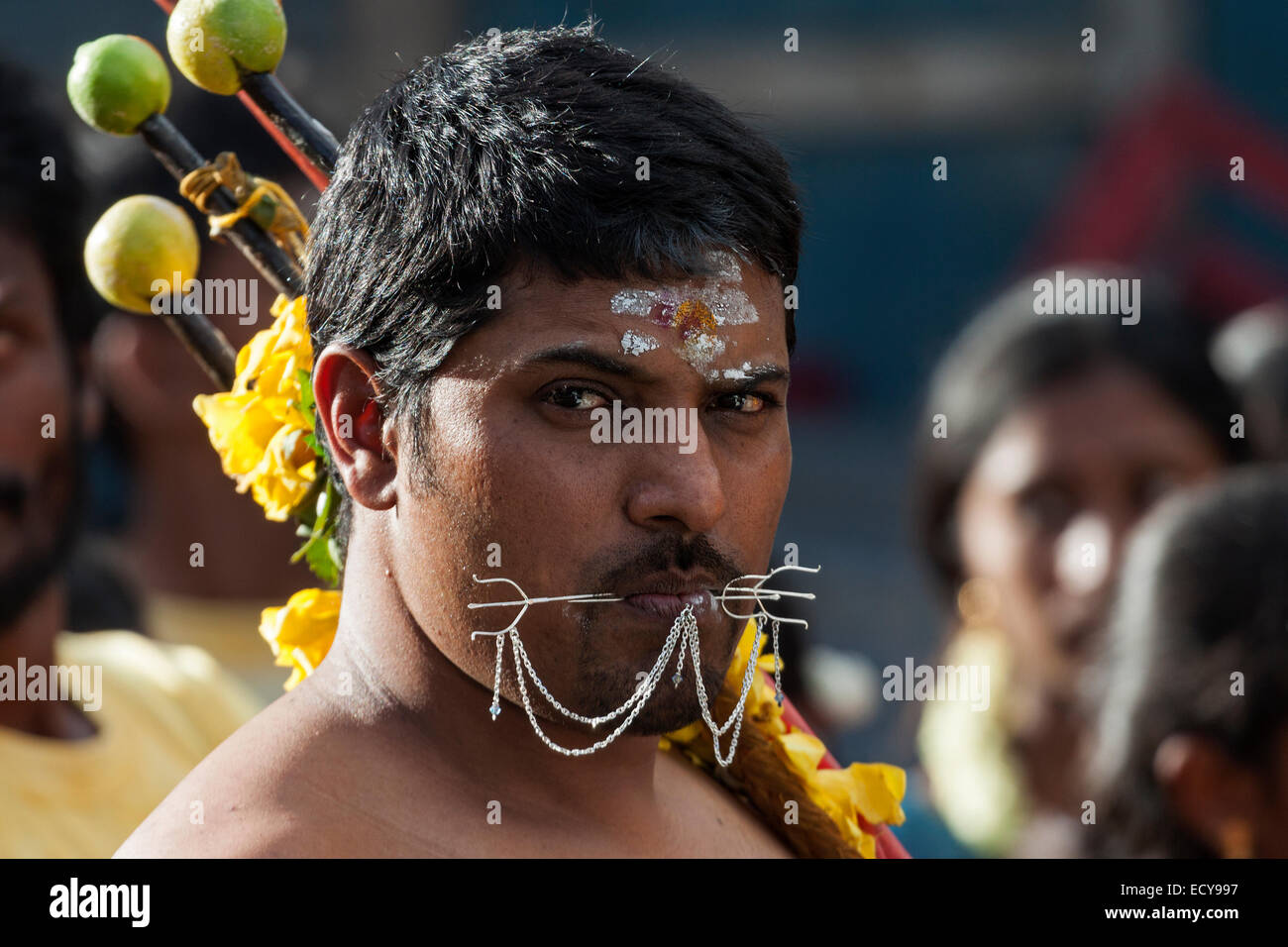 Mann bei einem Hindu-Festival, Porträt, in der Nähe von Mahébourg, Mauritius Stockfoto