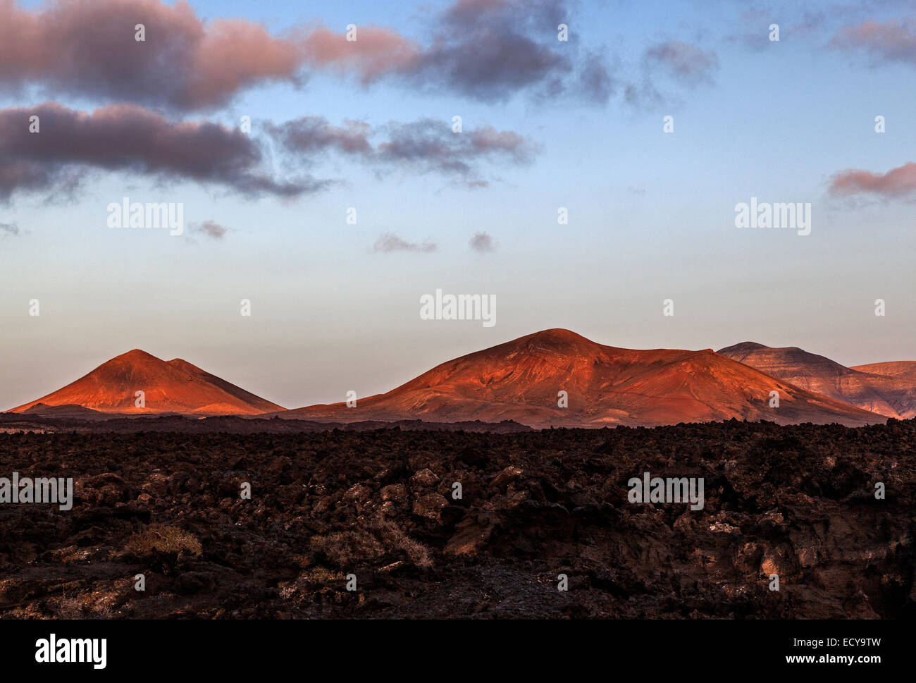 Lava Feld, Feuerberge, Vulkane, Vulkanlandschaft, abends Licht, Lanzarote, Kanarische Inseln, Spanien Stockfoto