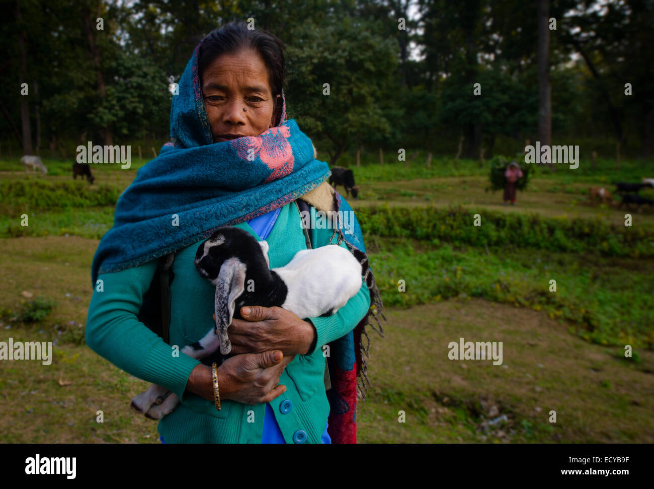 Frau mit Baby Ziege, westlichen Terai Nepals Stockfoto