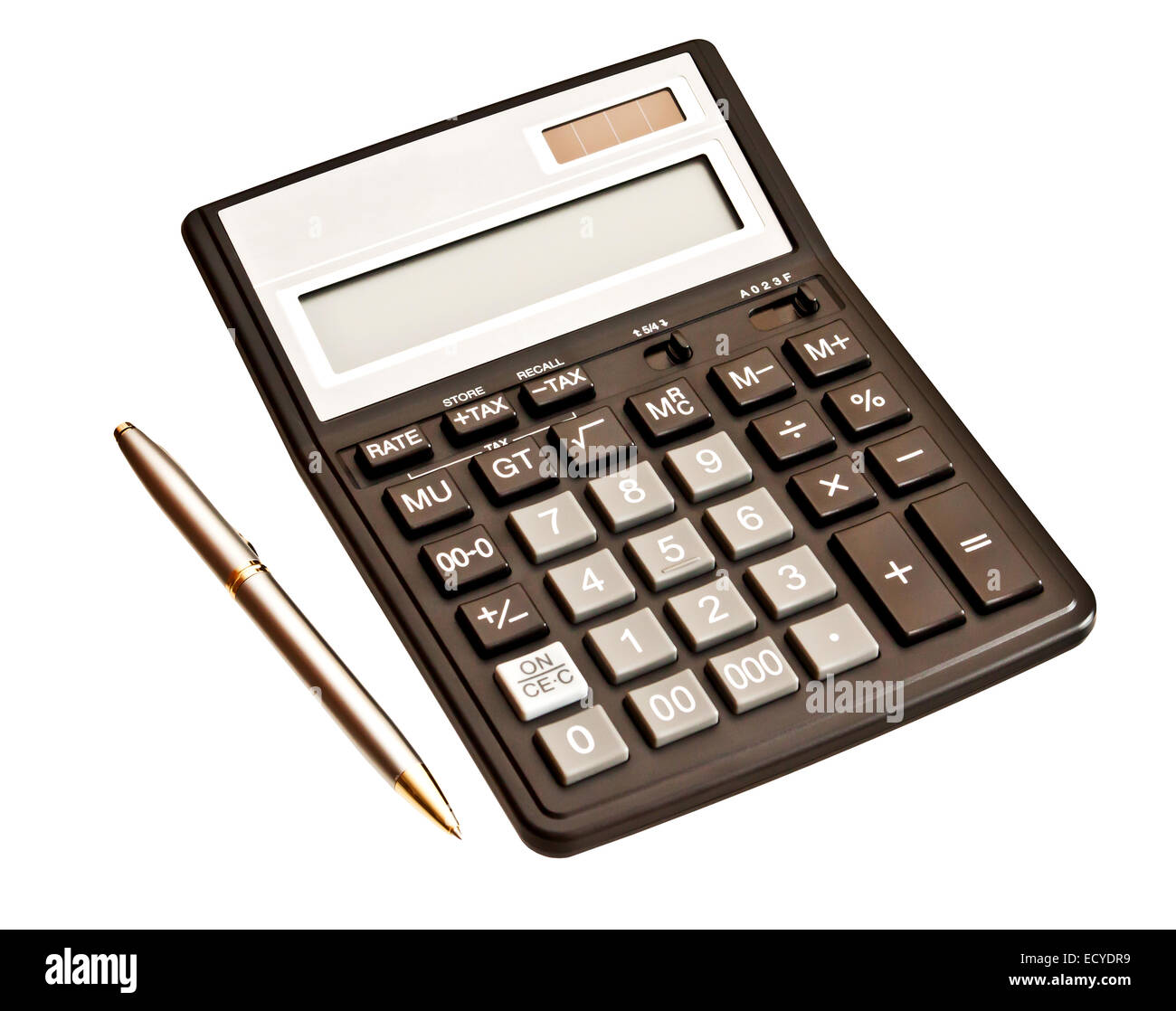 Geschäft Bild: Taschenrechner und Kugelschreiber isoliert auf weißem Hintergrund Stockfoto