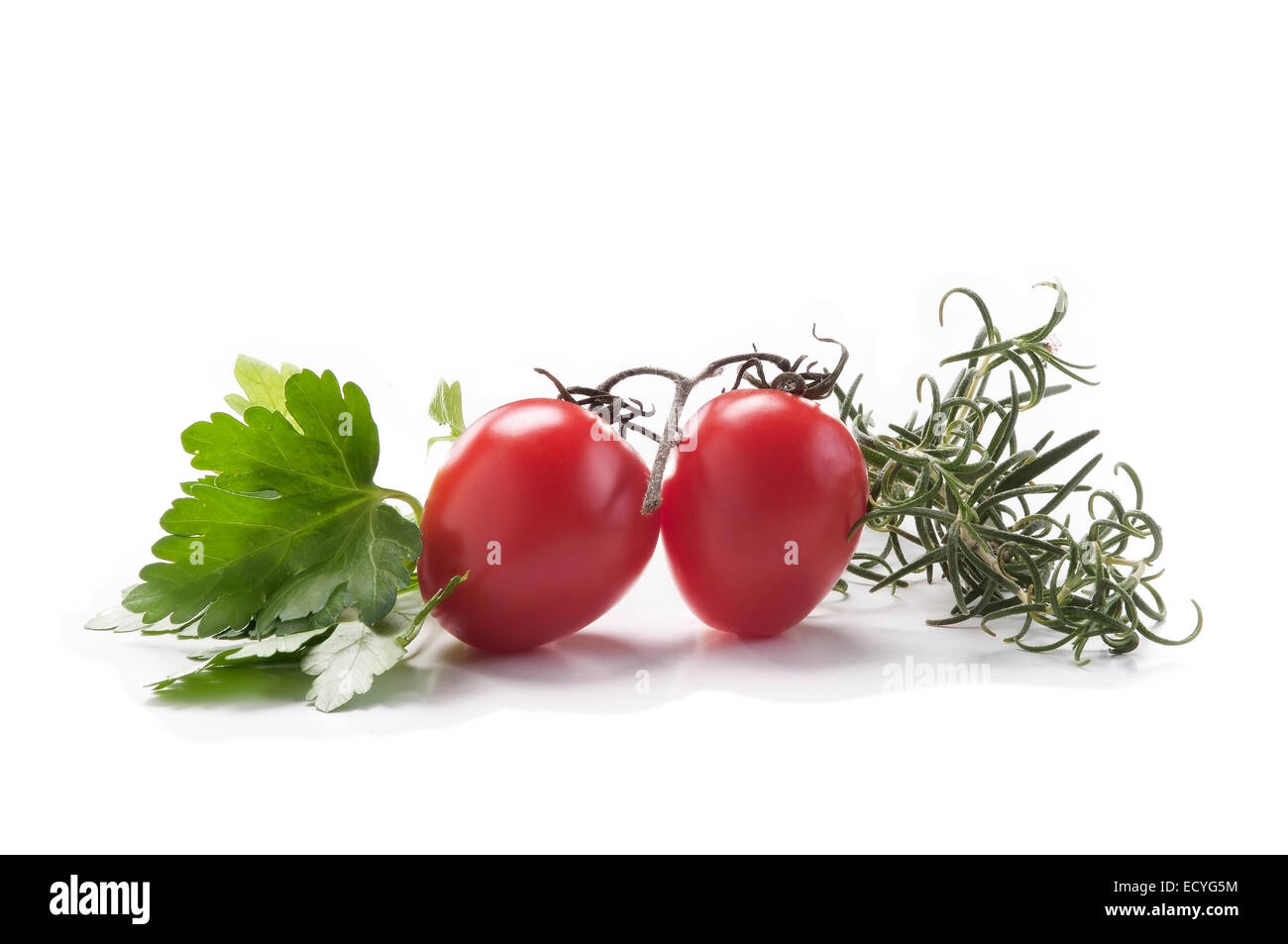Cherry-Tomaten Persimmon Rosmarin auf weißem Hintergrund Stockfoto
