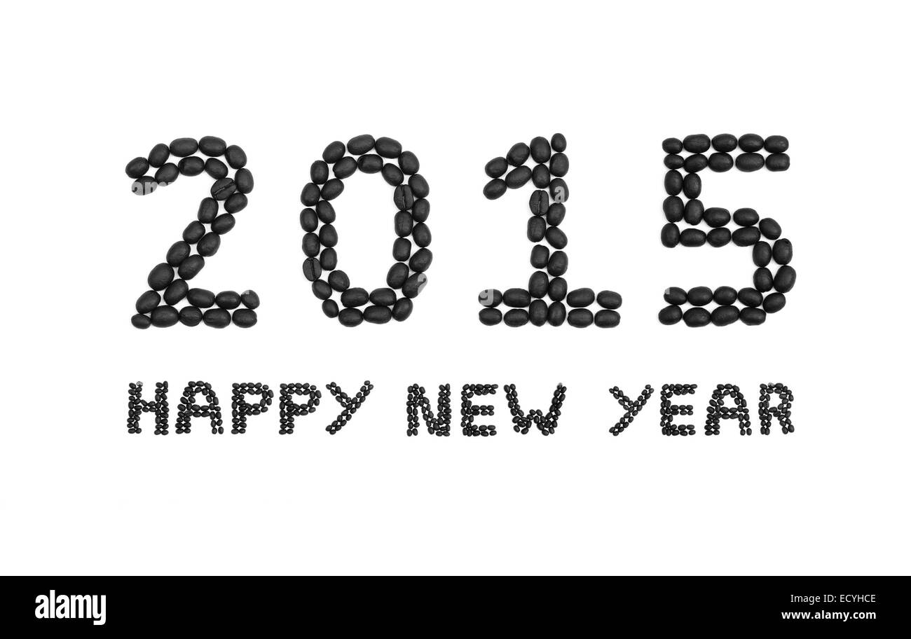 Die Worte "2015 Happy New Year" geschrieben mit Kaffeebohnen Stockfoto