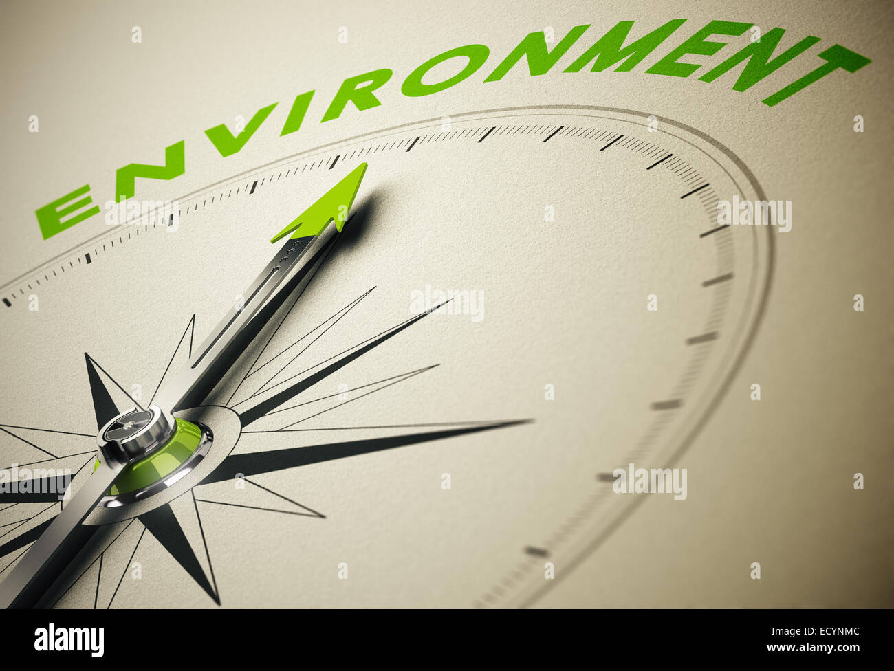 Kompass mit Nadel zeigt das Wort Umwelt, grün und Beige Tönen. Hintergrundbild für die Darstellung der ökologischen con Stockfoto