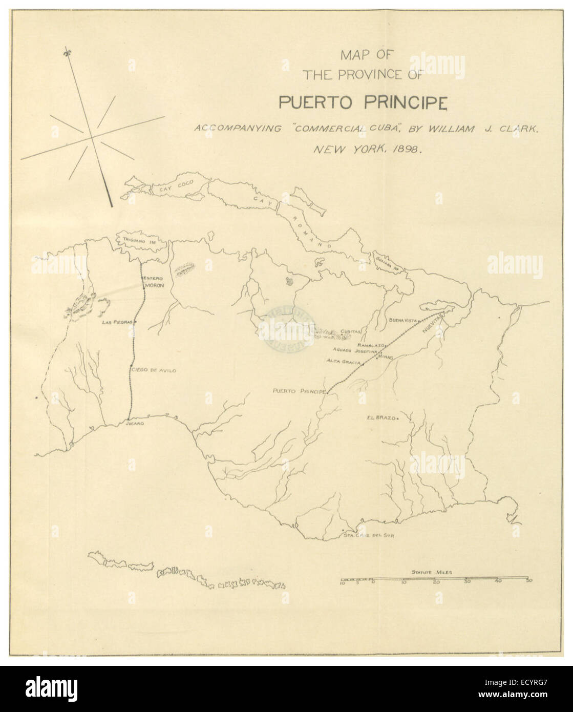 Diese 1899 von Clark gefertigte Illustration zeigt die Provinz Puerto Príncipe in Kuba und hebt deren Geographie und Bedeutung im Kontext der kubanischen Geschichte um die Wende zum 20. Jahrhundert hervor. Stockfoto