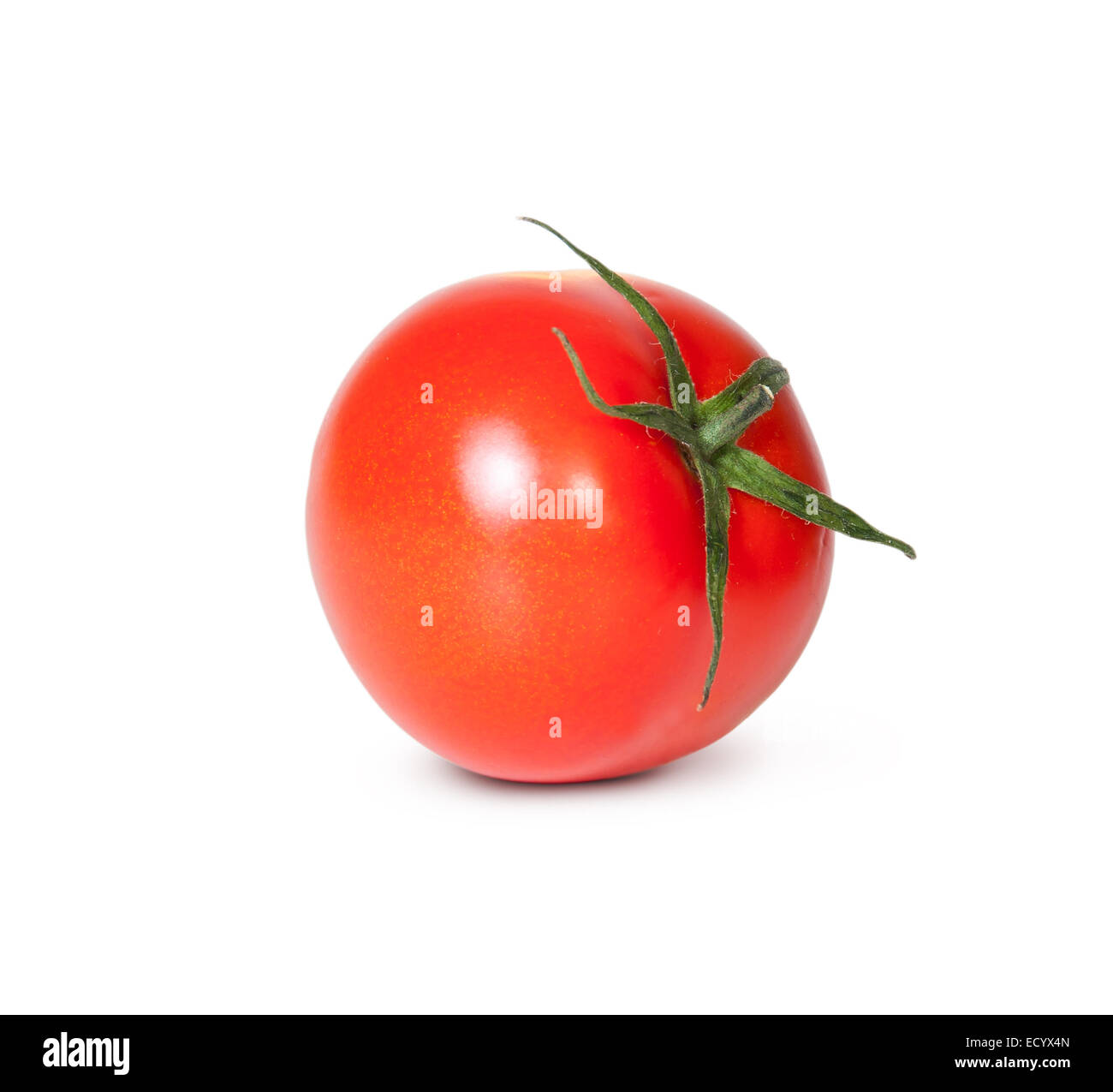 Frische rote Tomate mit grünem Stiel, Isolated On White Background Stockfoto