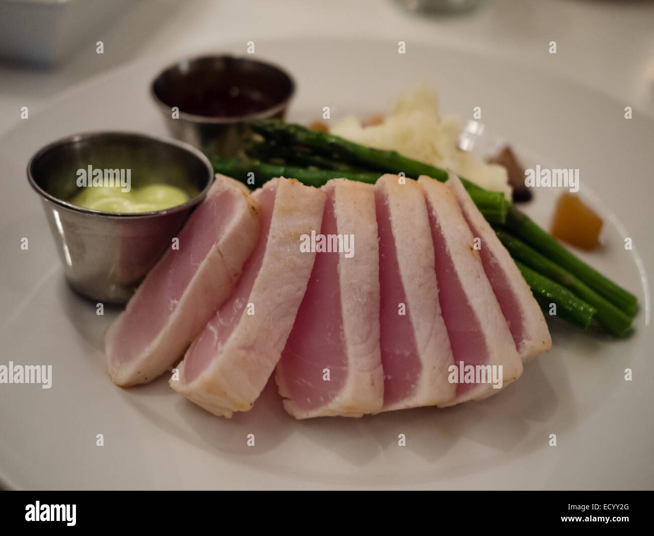 Pfanne gebraten blauen Marlin Steak Abendessen Gericht Fischrestaurant Stockfoto
