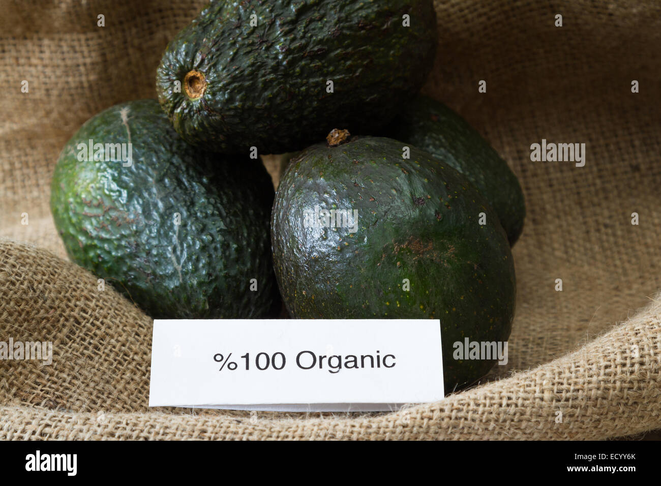 Lebensmittelkennzeichnung-Konzept mit lokalen Bio-Avocados und ein Bio-Siegel Stockfoto